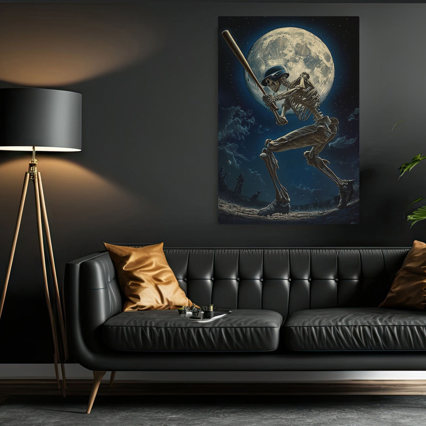 Skeleton Home Run, Baseball Canvas Painting, Spooky Season Wall Art Decor, Halloween Poster Gift For Baseball Lovers