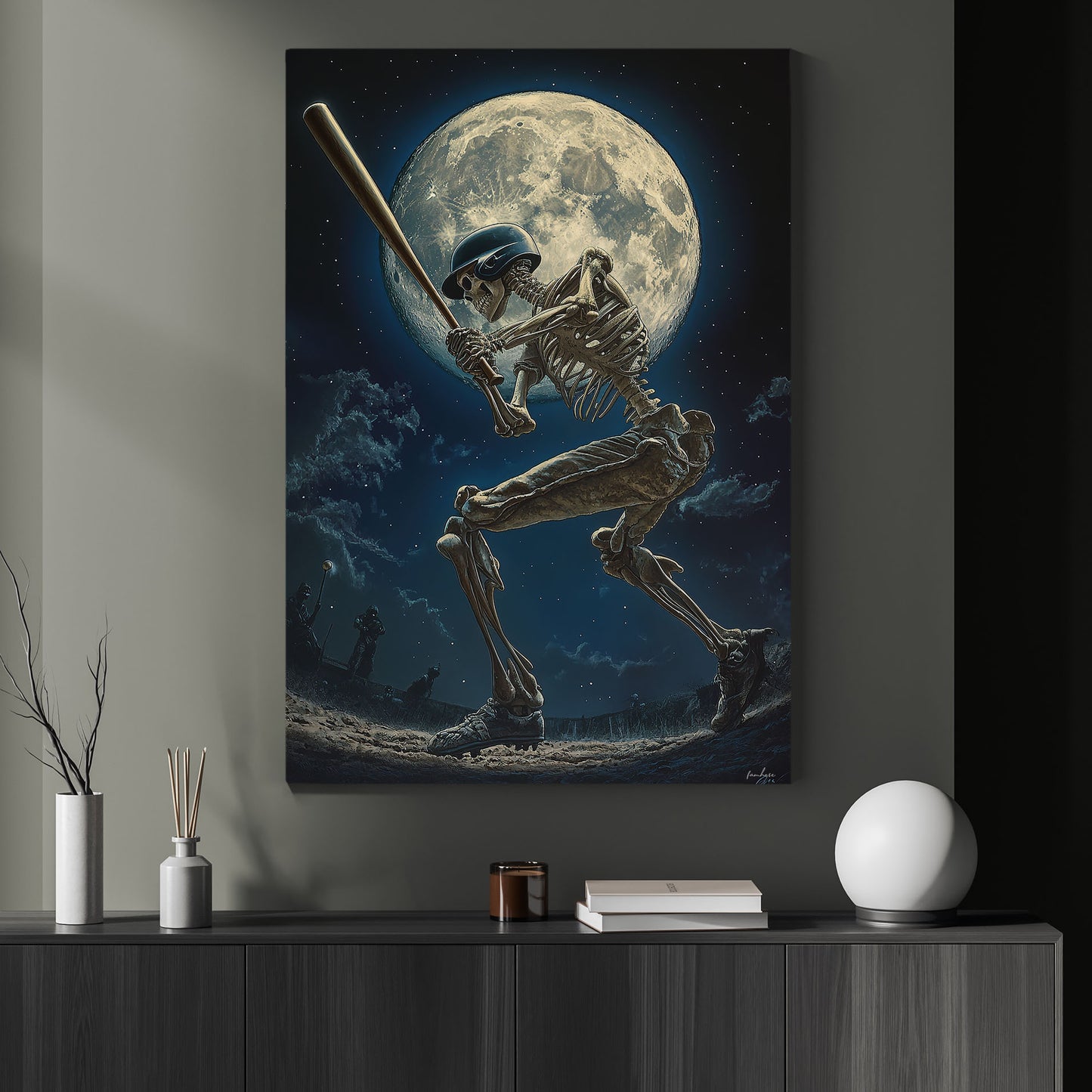 Skeleton Home Run, Baseball Canvas Painting, Spooky Season Wall Art Decor, Halloween Poster Gift For Baseball Lovers