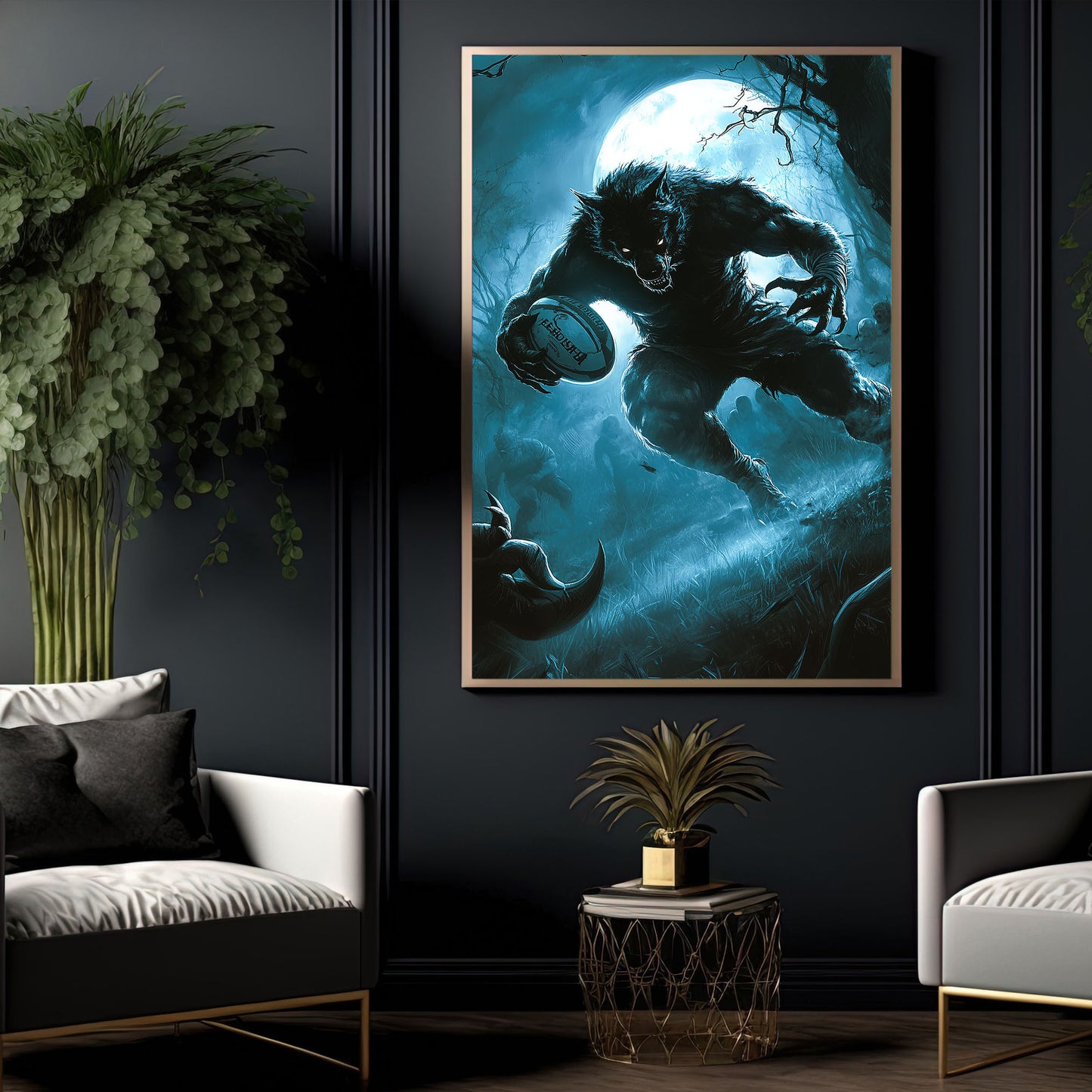 Werewolf’s Fierce Tackle, Rugby Canvas Painting, Spooky Season Wall Art Decor, Halloween Poster Gift For Rugby Lovers