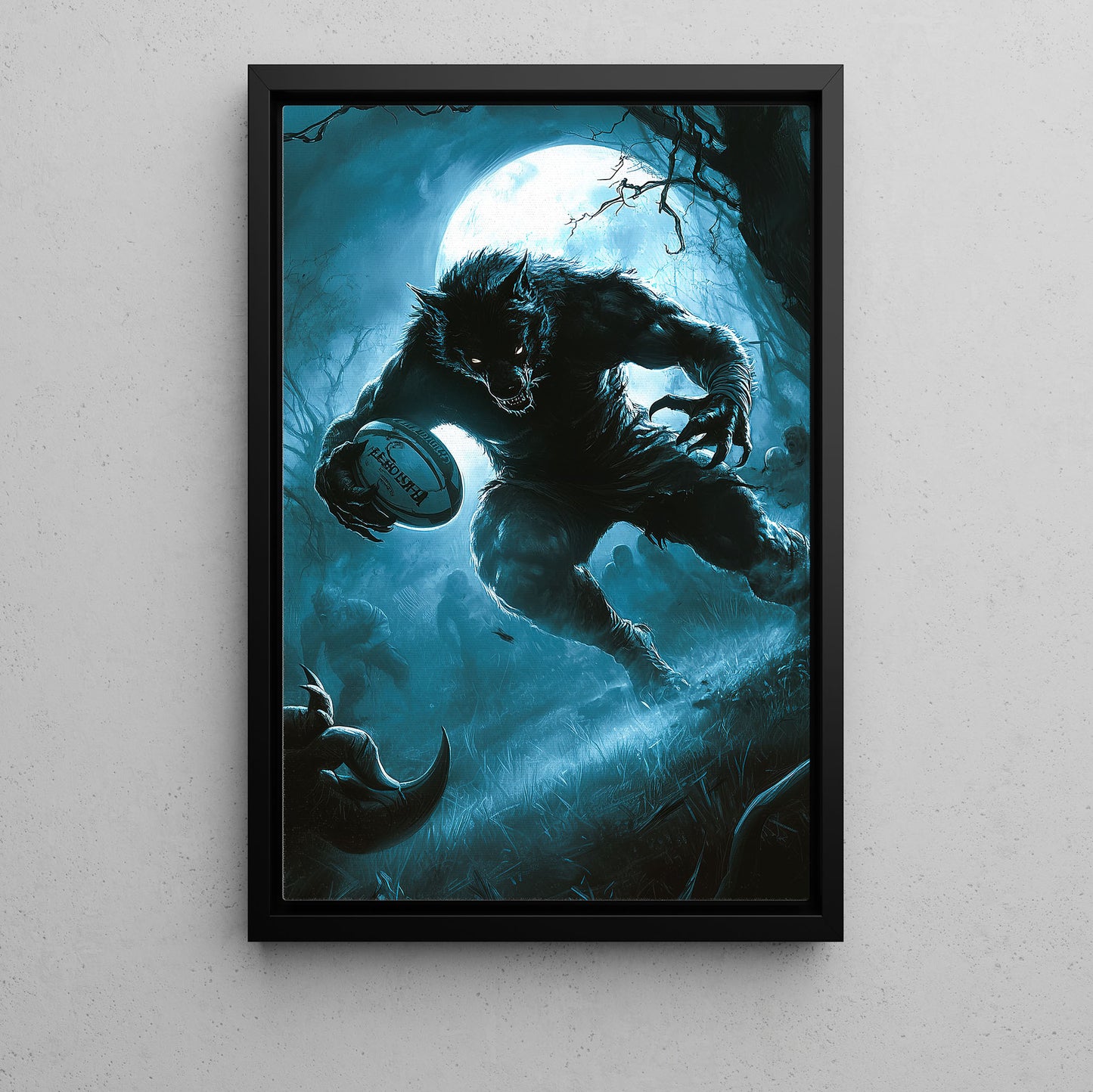 Werewolf’s Fierce Tackle, Rugby Canvas Painting, Spooky Season Wall Art Decor, Halloween Poster Gift For Rugby Lovers