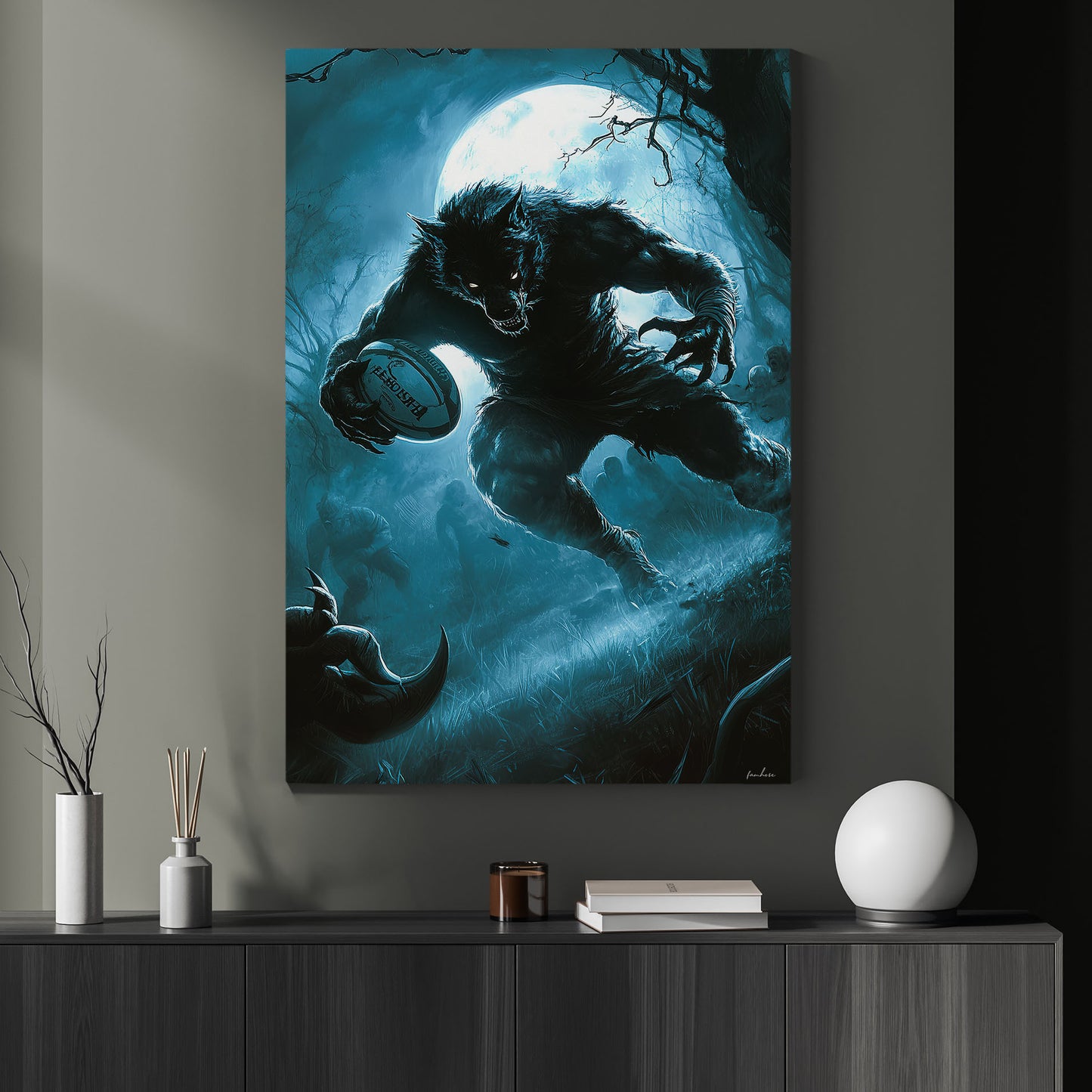 Werewolf’s Fierce Tackle, Rugby Canvas Painting, Spooky Season Wall Art Decor, Halloween Poster Gift For Rugby Lovers