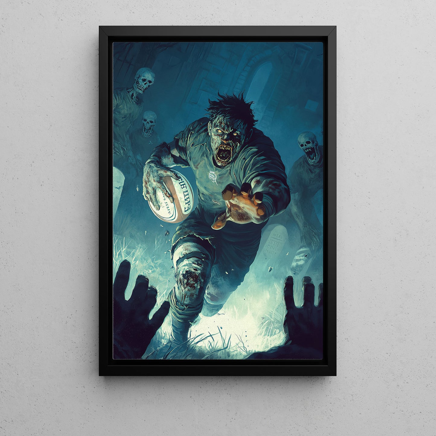 Zombie’s Foul Play, Rugby Canvas Painting, Spooky Season Wall Art Decor, Halloween Poster Gift For Rugby Lovers