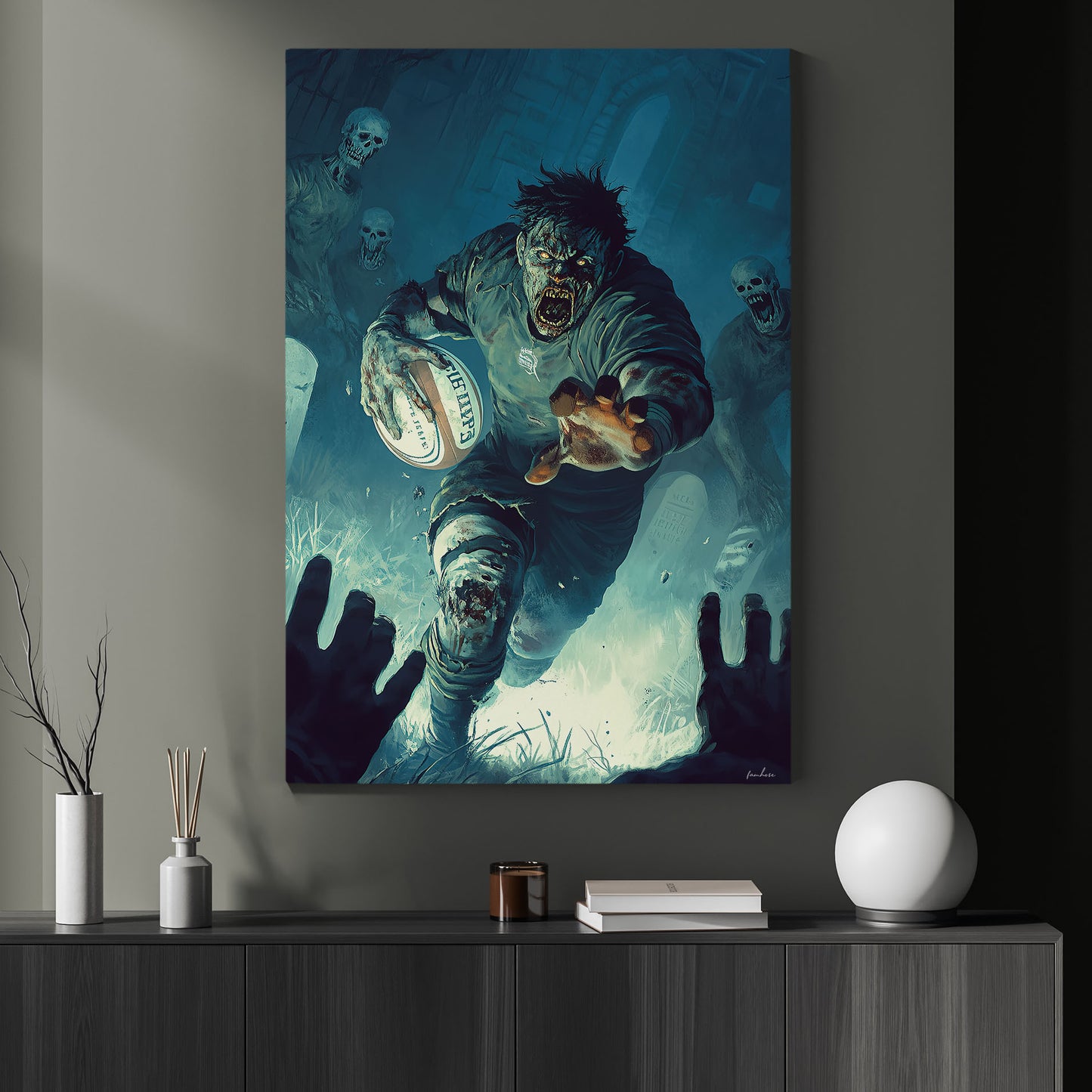 Zombie’s Foul Play, Rugby Canvas Painting, Spooky Season Wall Art Decor, Halloween Poster Gift For Rugby Lovers