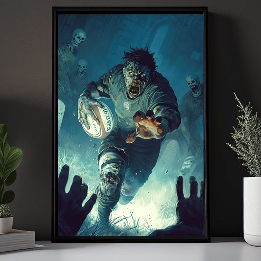 Zombie’s Foul Play, Rugby Canvas Painting, Spooky Season Wall Art Decor, Halloween Poster Gift For Rugby Lovers