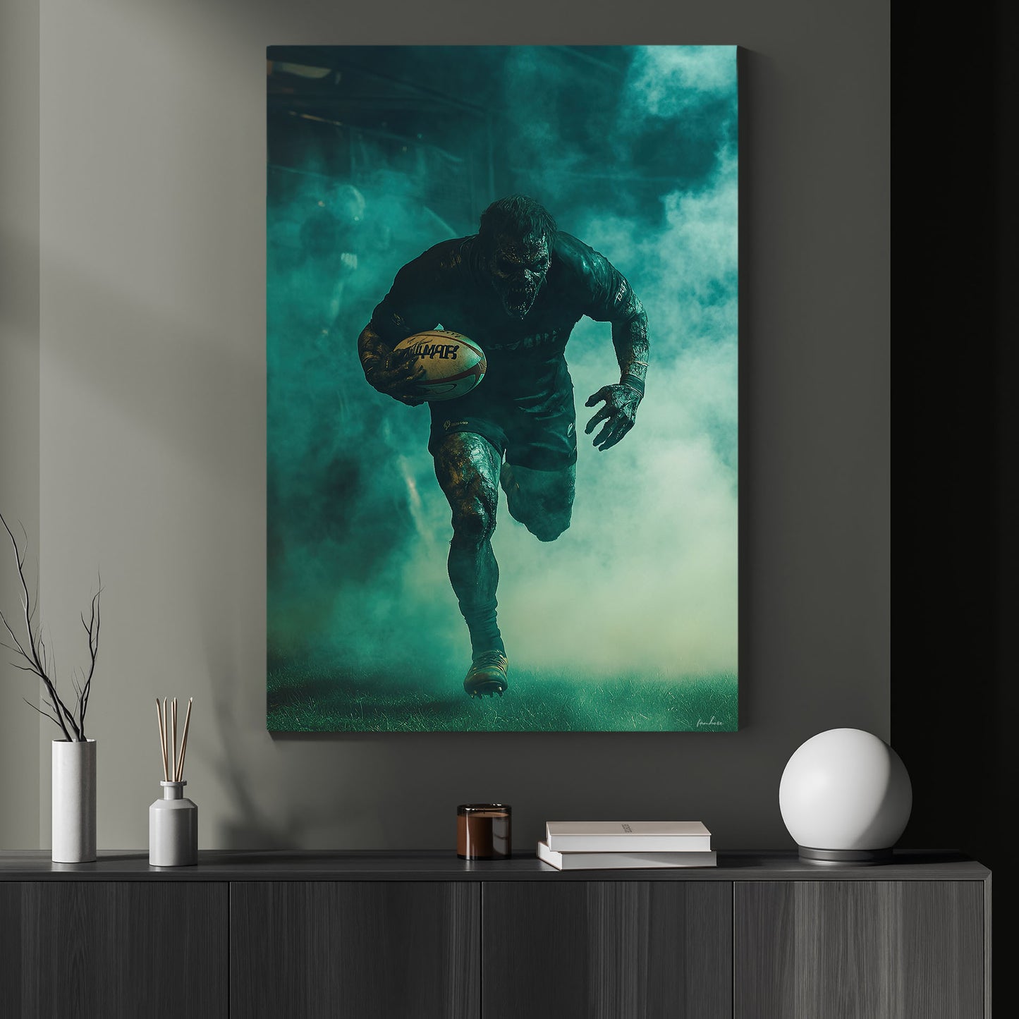 Zombie’s Blood-Curdling Try, Rugby Canvas Painting, Spooky Season Wall Art Decor, Halloween Poster Gift For Rugby Lovers