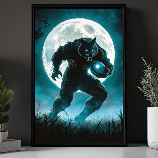 Moonlit Charge, Rugby Canvas Painting, Spooky Season Wall Art Decor, Halloween Poster Gift For Rugby Lovers