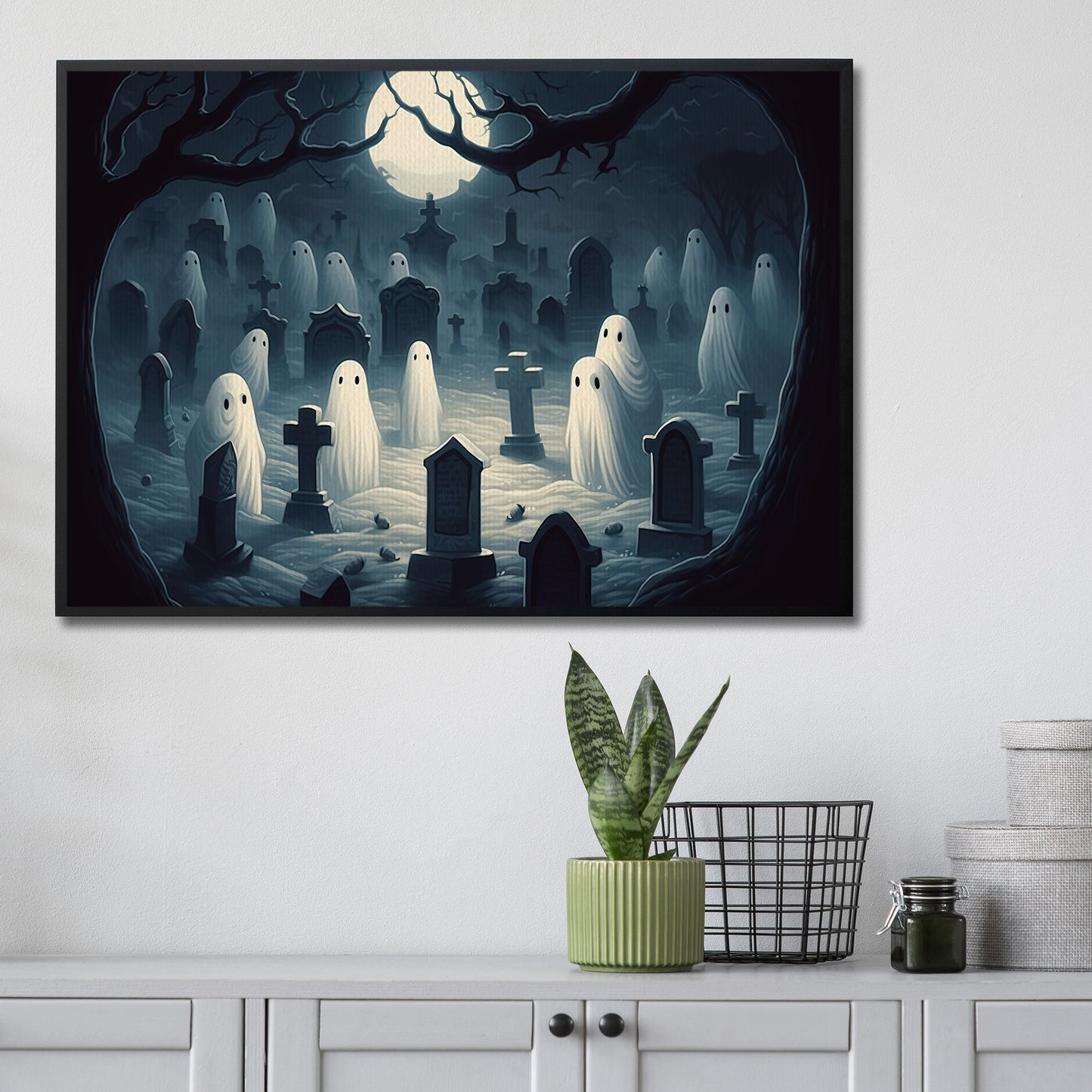 The Spooky Ghosts In Cemetery Dark Halloween Canvas Painting, Wall Art Decor - Dark Ghost Halloween Poster Gift