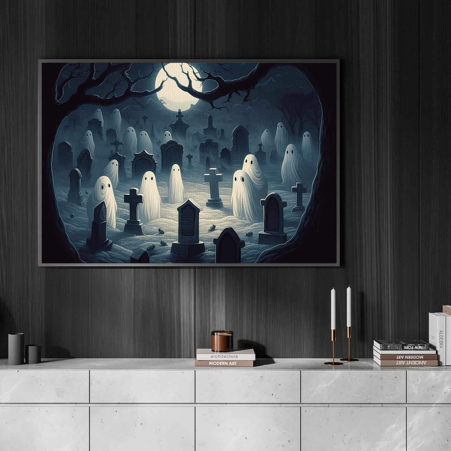 The Spooky Ghosts In Cemetery Dark Halloween Canvas Painting, Wall Art Decor - Dark Ghost Halloween Poster Gift