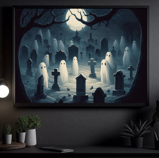 The Spooky Ghosts In Cemetery Dark Halloween Canvas Painting, Wall Art Decor - Dark Ghost Halloween Poster Gift