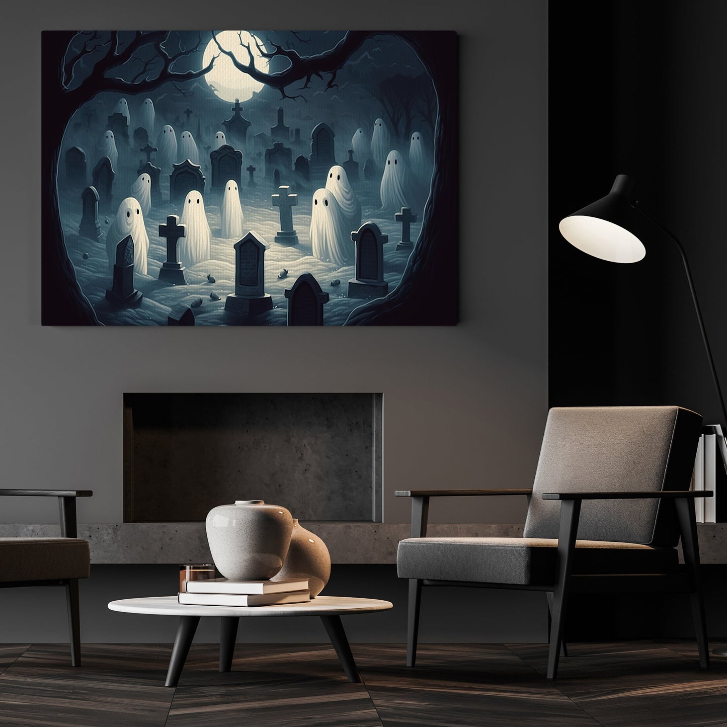 The Spooky Ghosts In Cemetery Dark Halloween Canvas Painting, Wall Art Decor - Dark Ghost Halloween Poster Gift