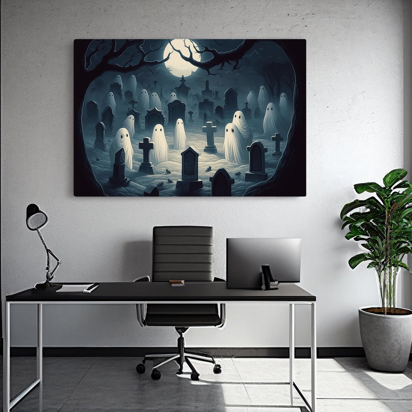 The Spooky Ghosts In Cemetery Dark Halloween Canvas Painting, Wall Art Decor - Dark Ghost Halloween Poster Gift