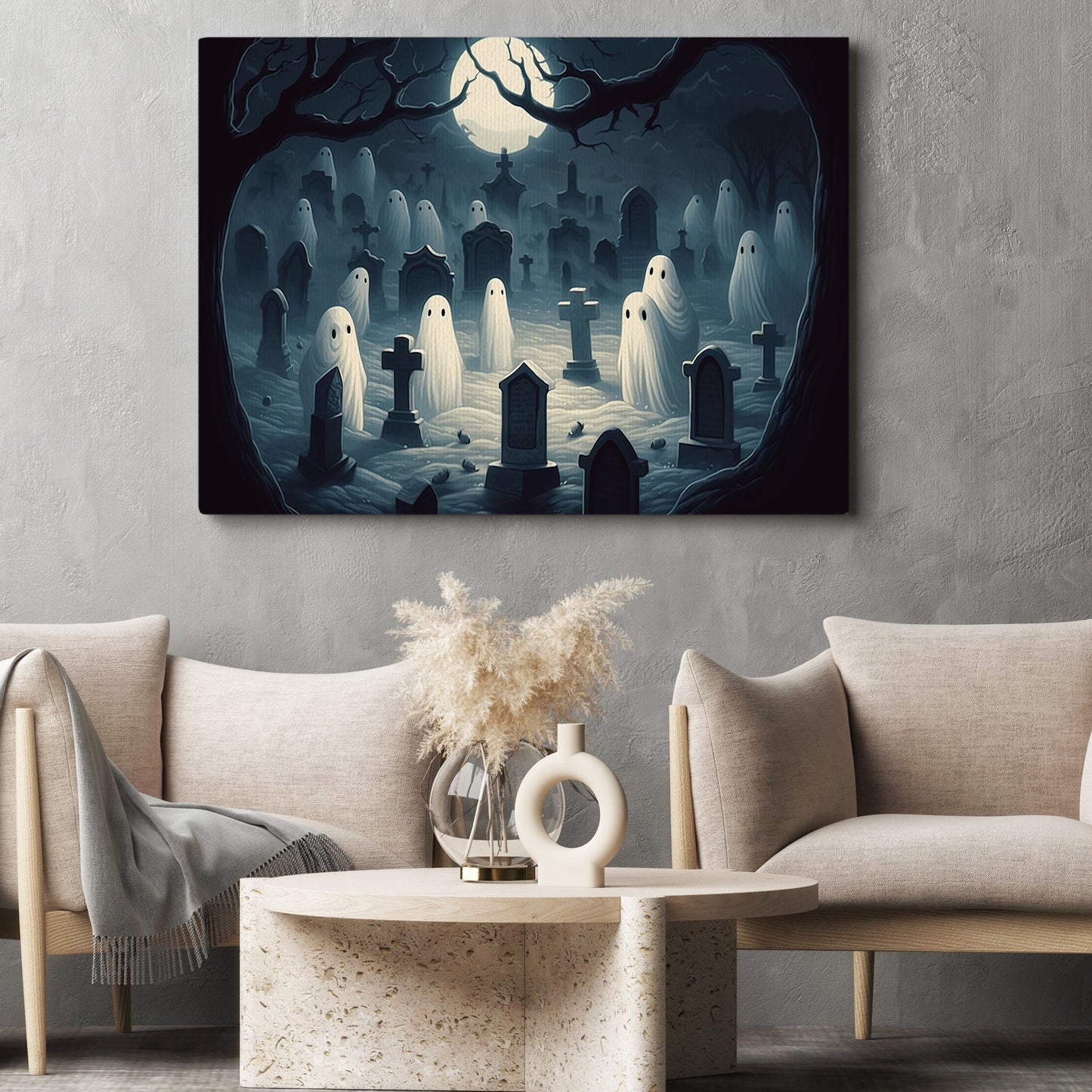 The Spooky Ghosts In Cemetery Dark Halloween Canvas Painting, Wall Art Decor - Dark Ghost Halloween Poster Gift