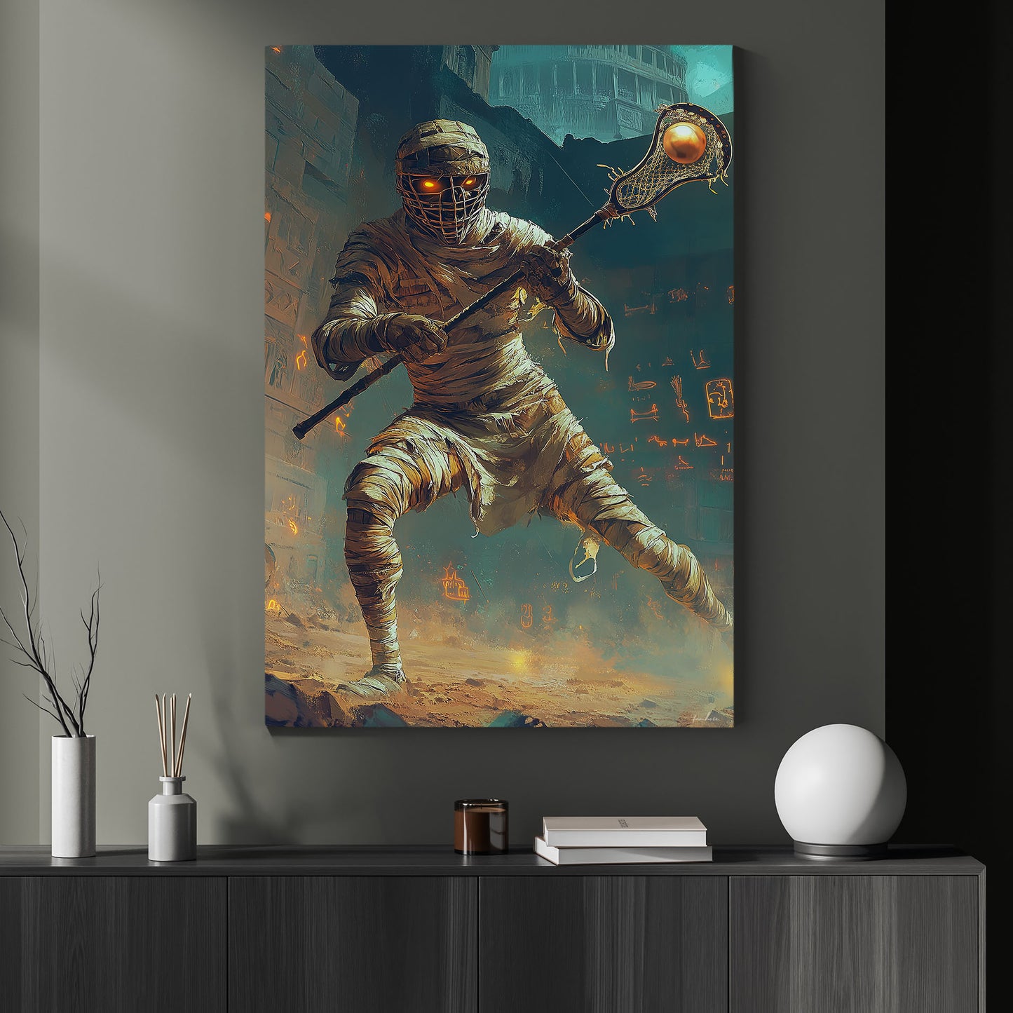 Mummy’s Ancient Attack, Lacrosse Canvas Painting, Spooky Season Wall Art Decor, Halloween Poster Gift For Lacrosse Lovers