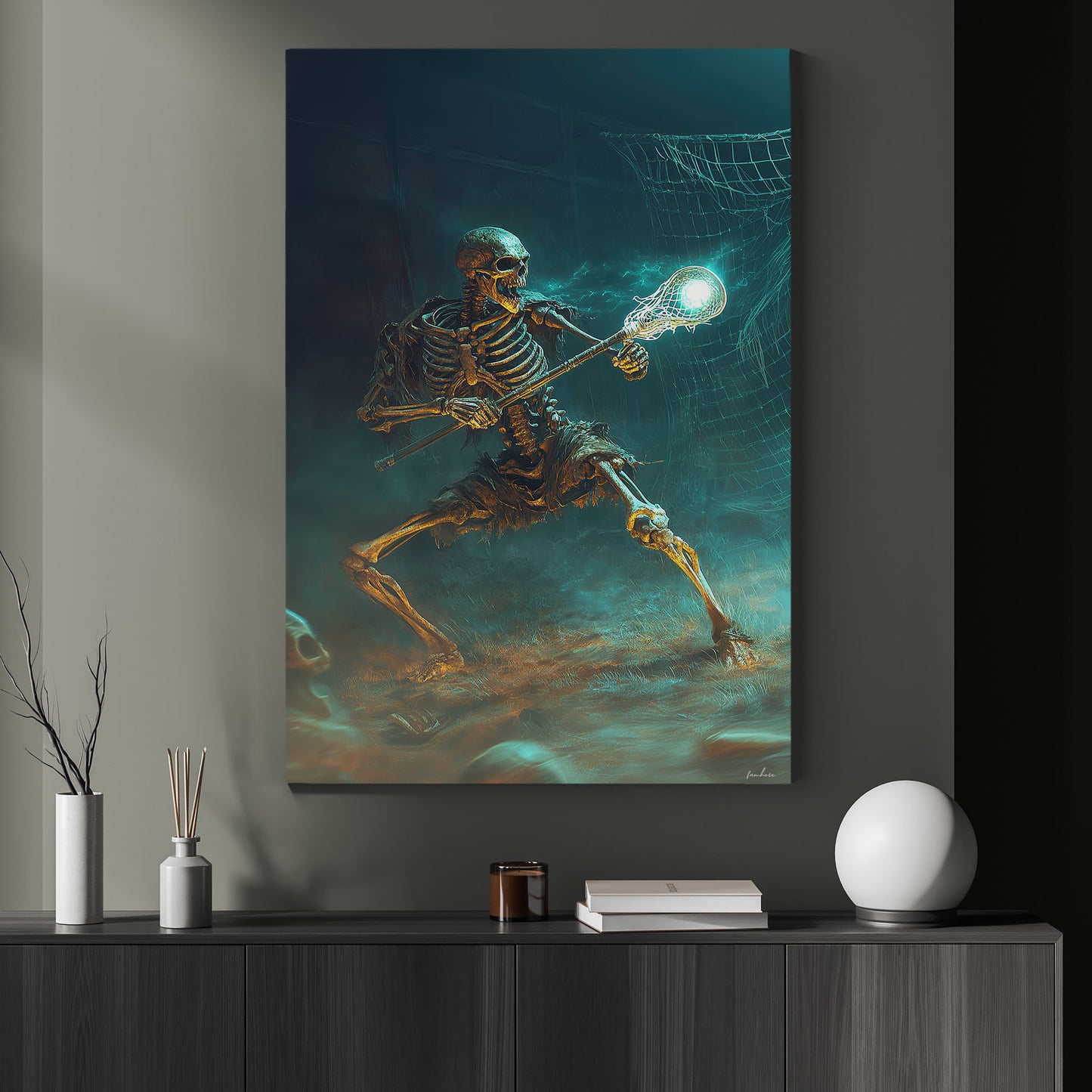 Bone Rattle Shot, Lacrosse Canvas Painting, Spooky Season Wall Art Decor, Halloween Poster Gift For Lacrosse Lovers