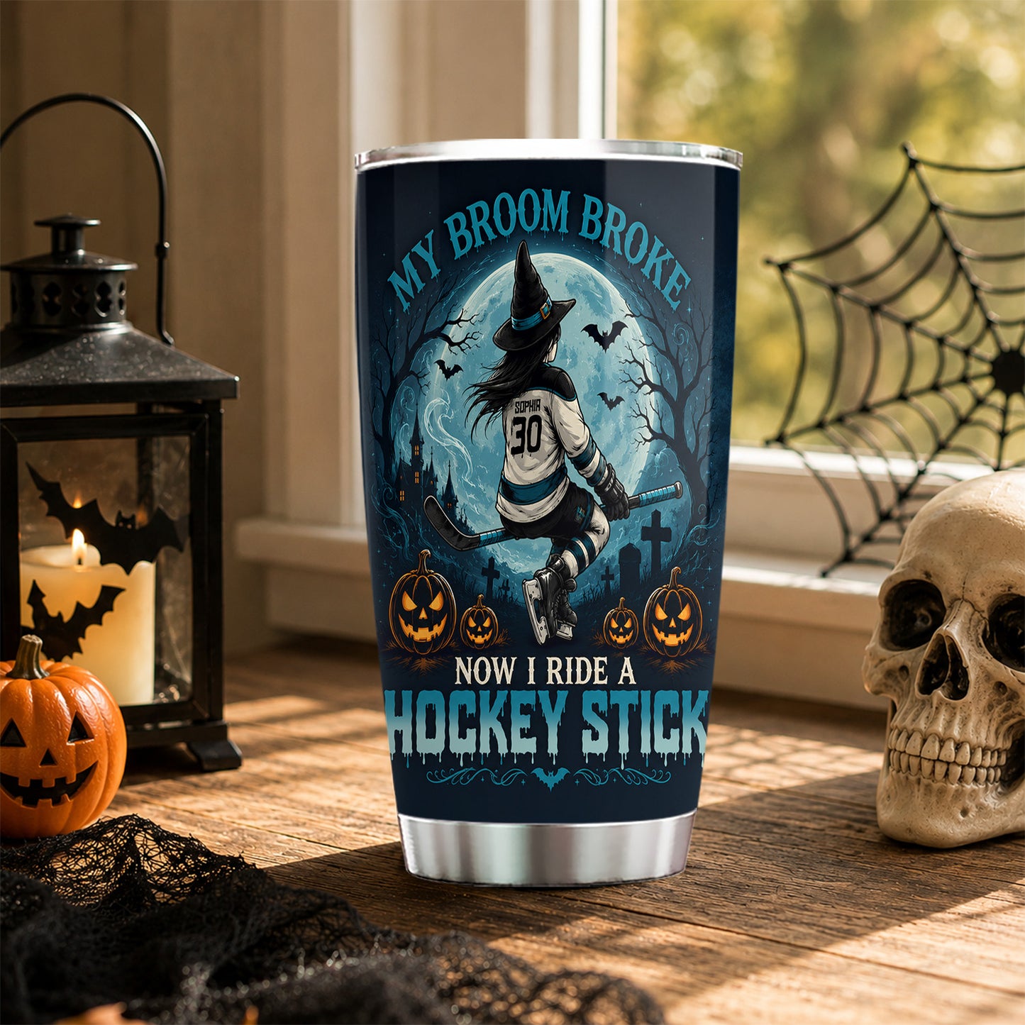 Personalized Halloween Witch Hockey Tumbler, My Broom Broke Now I Ride A Hockey Stick, Spooky Season Stainless Steel Tumbler, Travel Mug Tumblers Gift For Hockey Lover