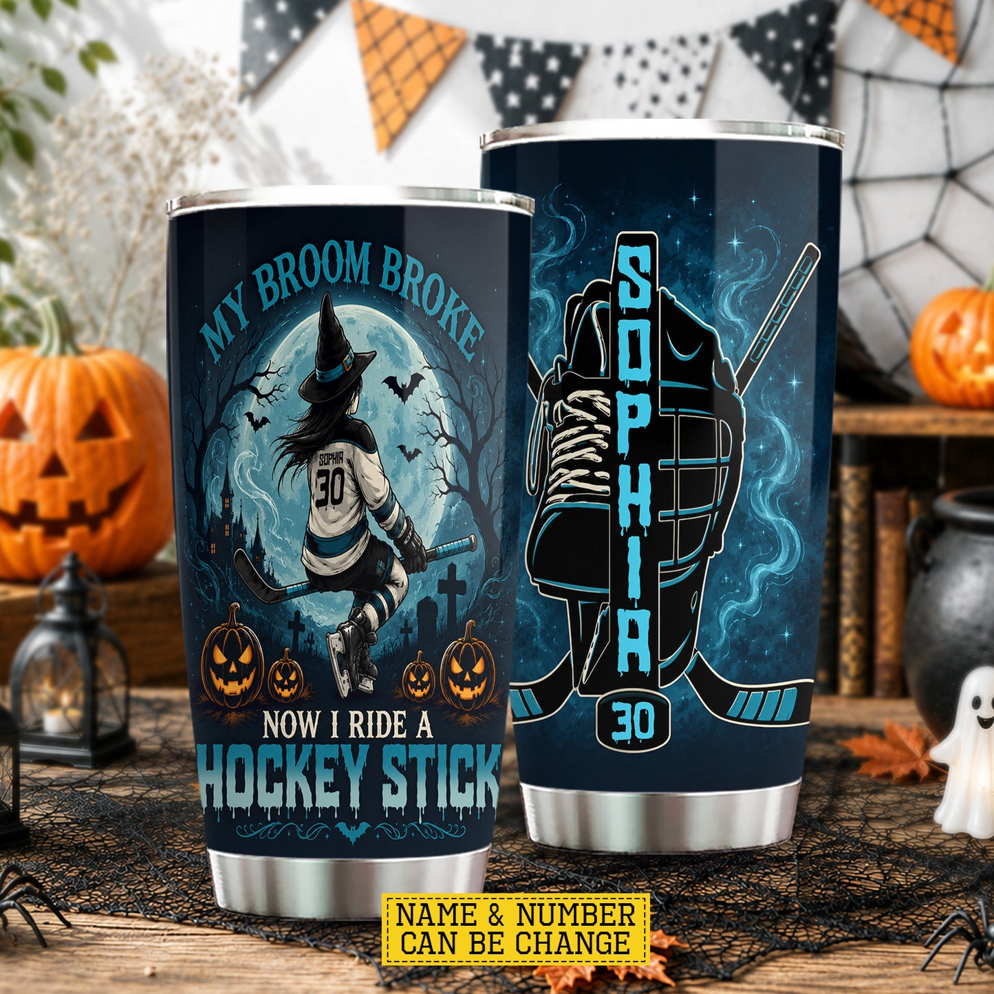 Personalized Halloween Witch Hockey Tumbler, My Broom Broke Now I Ride A Hockey Stick, Spooky Season Stainless Steel Tumbler, Travel Mug Tumblers Gift For Hockey Lover
