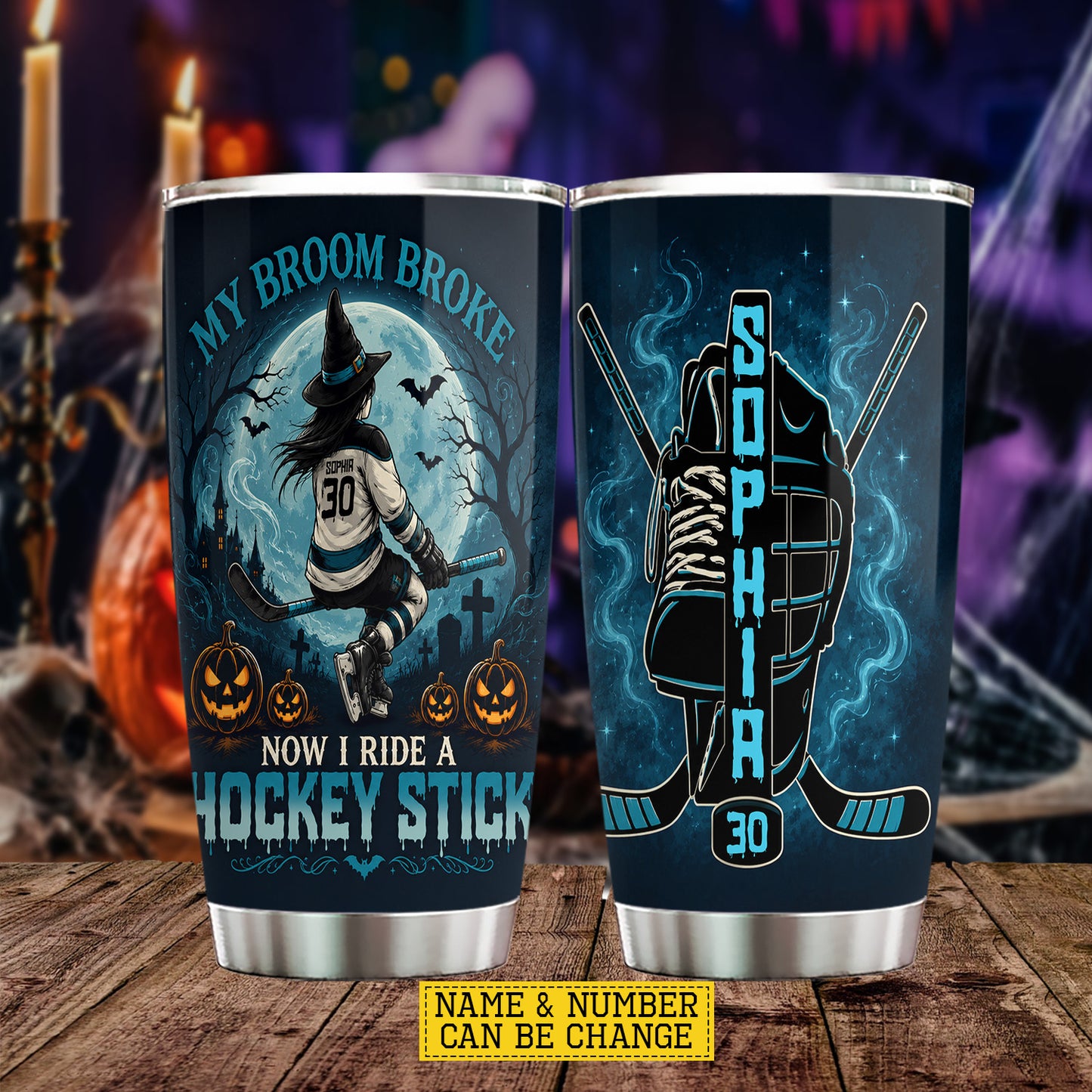 Personalized Halloween Witch Hockey Tumbler, My Broom Broke Now I Ride A Hockey Stick, Spooky Season Stainless Steel Tumbler, Travel Mug Tumblers Gift For Hockey Lover