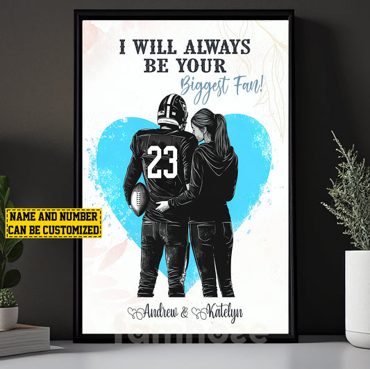 Romantic Personalized Football Couple Canvas Painting, I Will Always Be Your Biggest Fan Sports Wall Art Decor, Valentine's Day Poster Gift For Football-Loving Couple