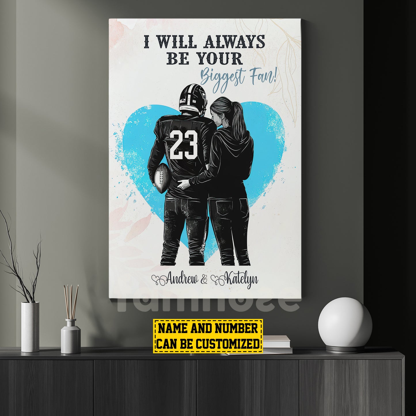 Romantic Personalized Football Couple Canvas Painting, I Will Always Be Your Biggest Fan Sports Wall Art Decor, Valentine's Day Poster Gift For Football-Loving Couple