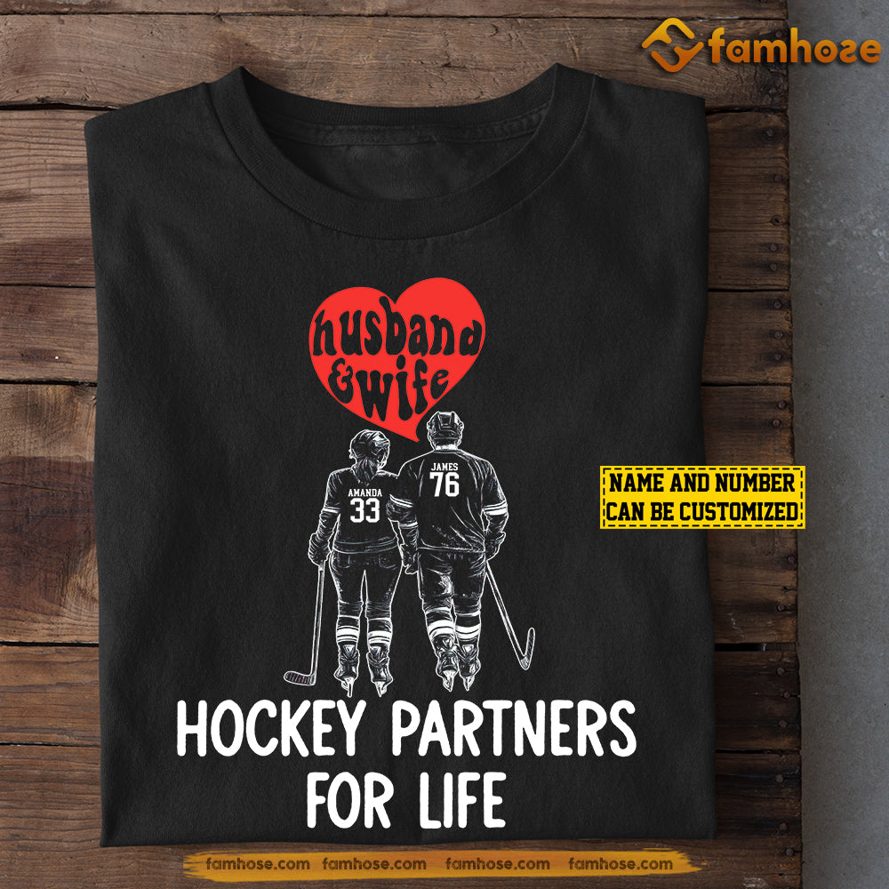 Personalized Couple Hockey T-shirt, Hockey Partners For Life Couple Tees Valentine's Day Gift For Hockey Lovers, Hockey Players