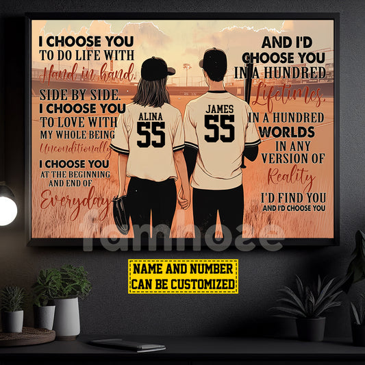 Vintage Personalized Baseball Couple Canvas Painting, I Choose You Romantic Quotes Wall Art Decor, Poster Valentine's Day Gift For Baseball-Loving Couple