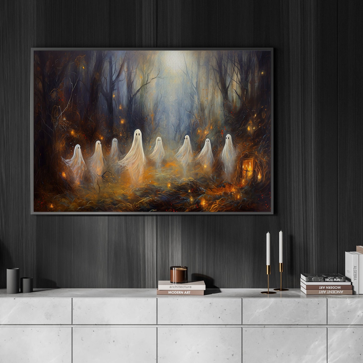 The Spooky Ghosts In Cemetery Dark Gothic Halloween Canvas Painting, Wall Art Decor - Dark Surreal Ghost Halloween Poster Gift