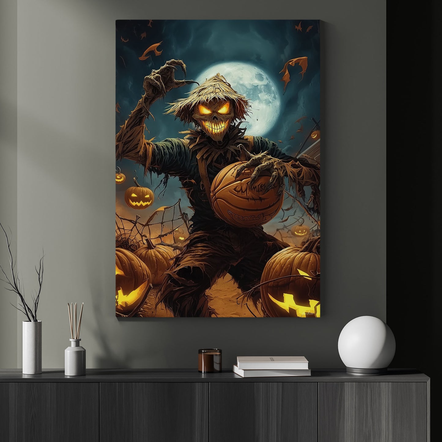 Scarecrow’s Creepy Crossover, Basketball Canvas Painting, Spooky Season Wall Art Decor, Halloween Poster Gift For Basketball Lovers