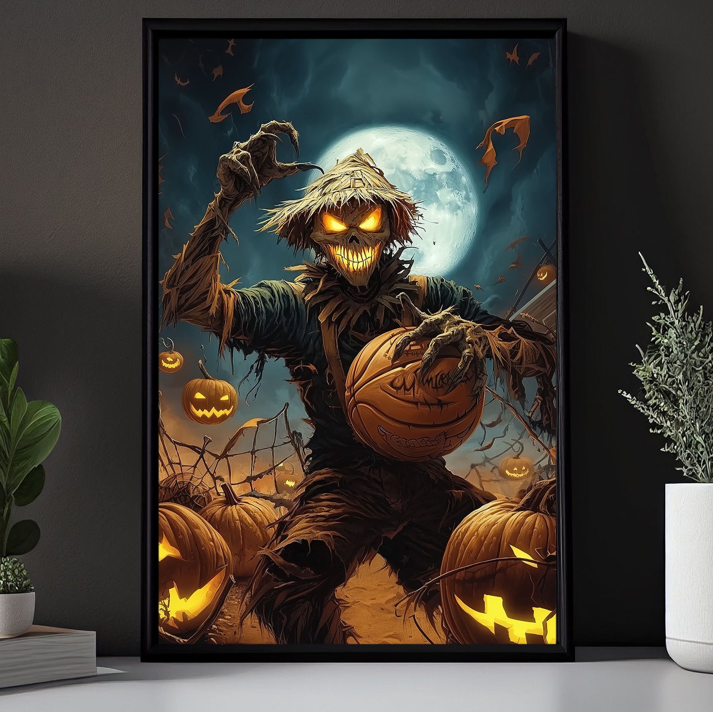 Scarecrow’s Creepy Crossover, Basketball Canvas Painting, Spooky Season Wall Art Decor, Halloween Poster Gift For Basketball Lovers