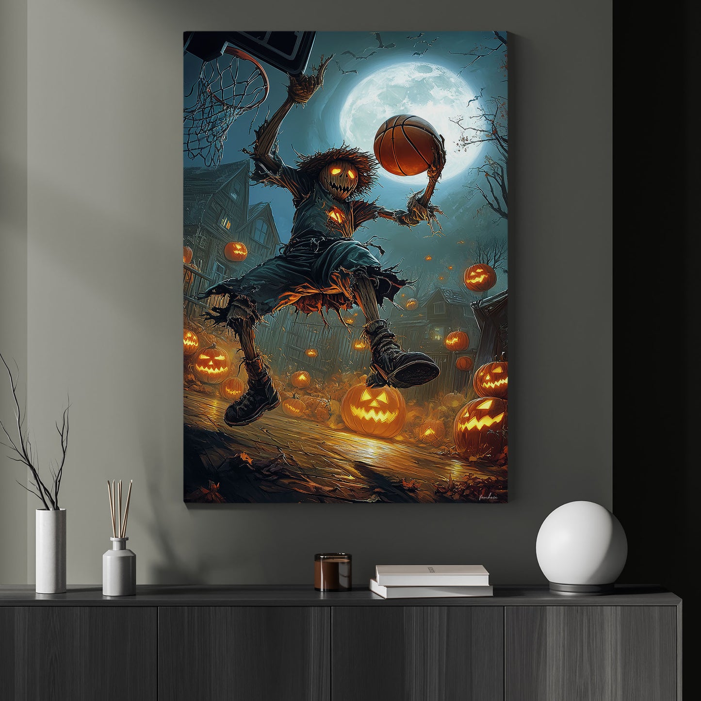 Scarecrow’s Field Goal, Basketball Canvas Painting, Spooky Season Wall Art Decor, Halloween Poster Gift For Basketball Lovers