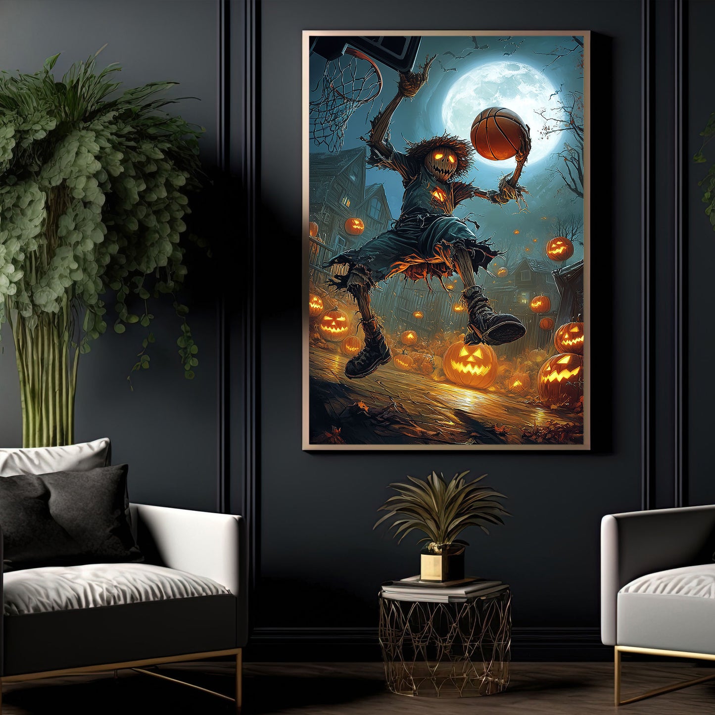 Scarecrow’s Field Goal, Basketball Canvas Painting, Spooky Season Wall Art Decor, Halloween Poster Gift For Basketball Lovers