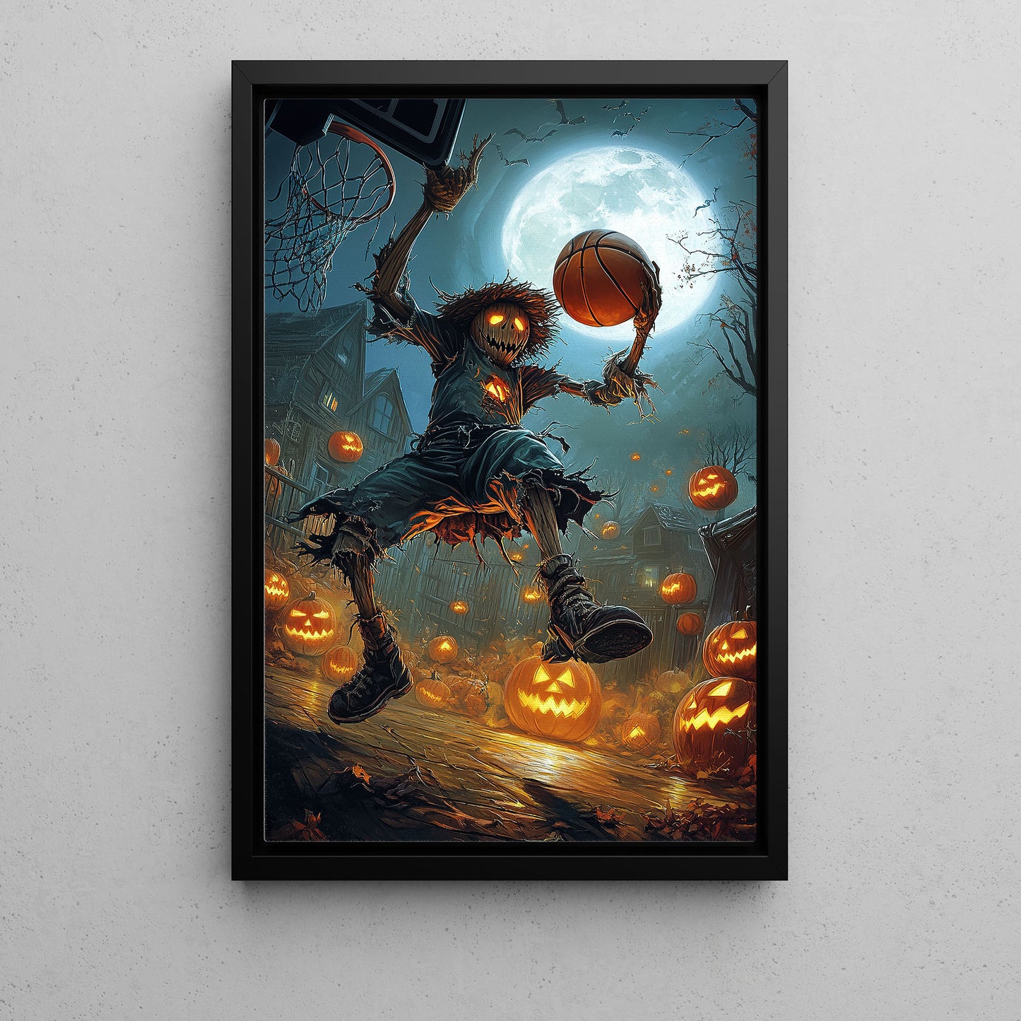 Scarecrow’s Field Goal, Basketball Canvas Painting, Spooky Season Wall Art Decor, Halloween Poster Gift For Basketball Lovers