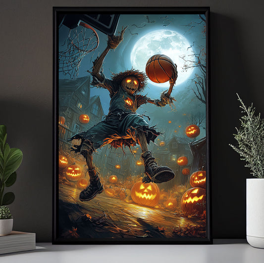 Scarecrow’s Field Goal, Basketball Canvas Painting, Spooky Season Wall Art Decor, Halloween Poster Gift For Basketball Lovers