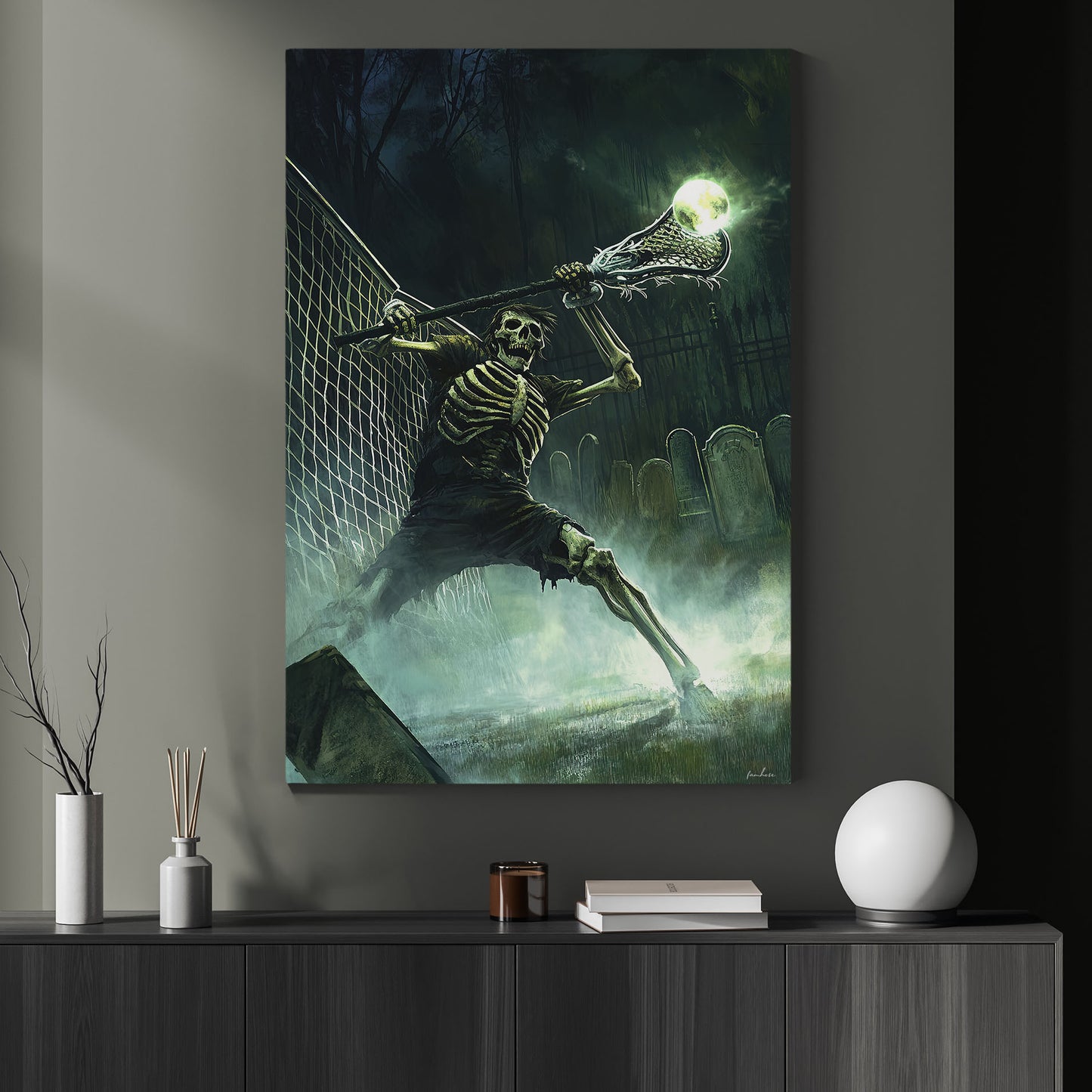 Funny Halloween Lacrosse Canvas Painting, Rattling Face-Off, Halloween Sport Wall Art Decor, Halloween Poster Gift For Lacrosse Lovers