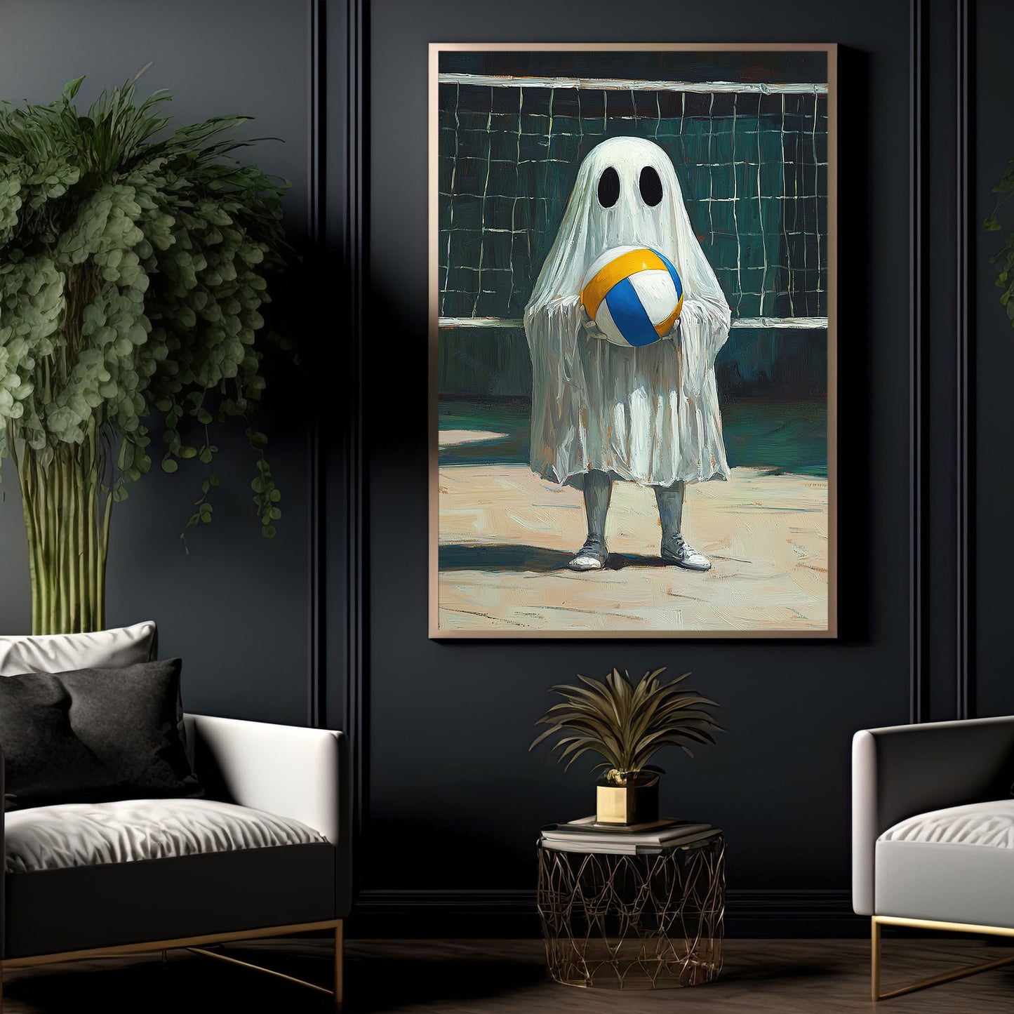 Ghost Plays Volleyball Canvas Painting, Spooky Season Wall Art Decor, Halloween Poster Gift For Volleyball Lovers