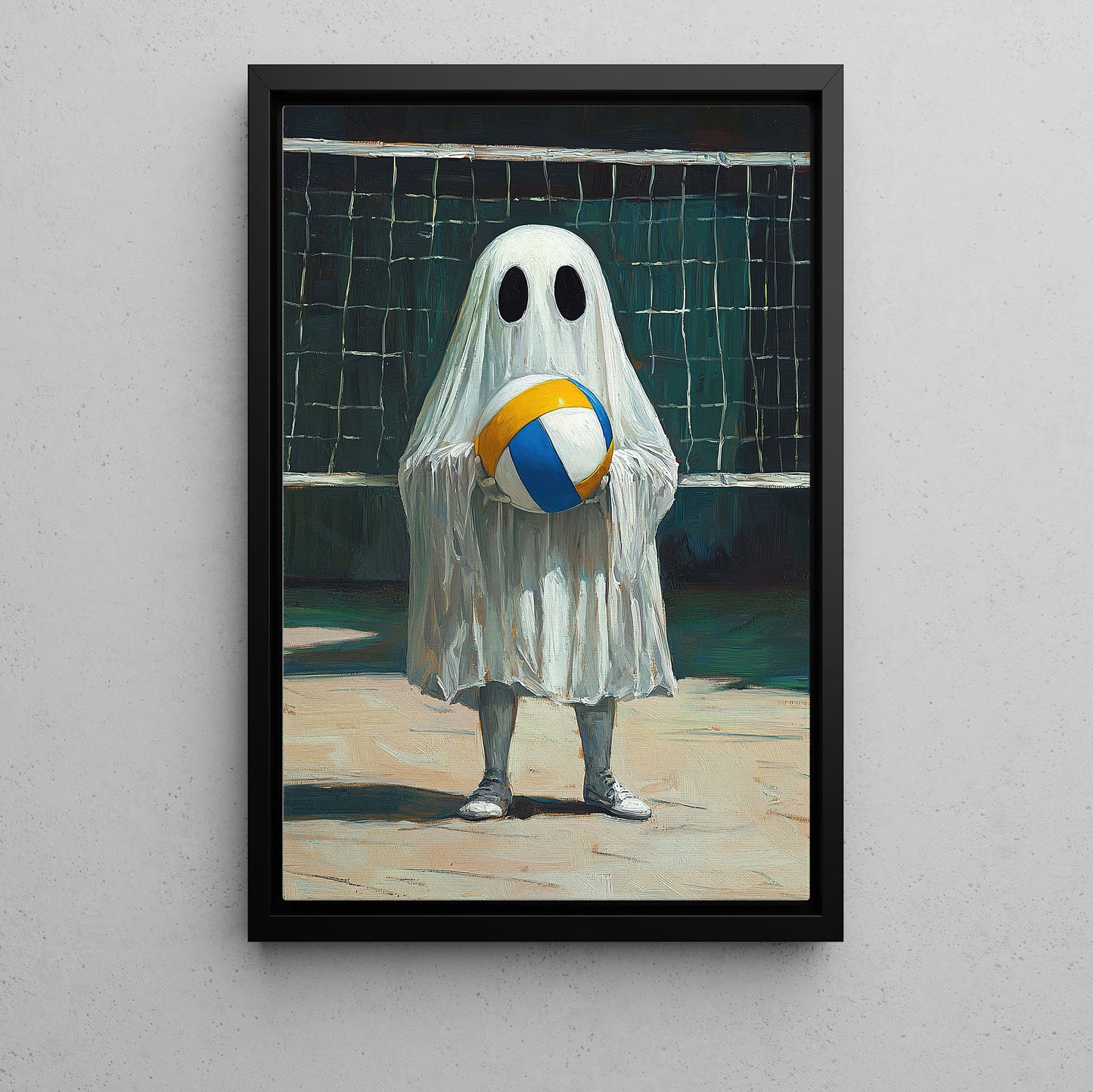 Ghost Plays Volleyball Canvas Painting, Spooky Season Wall Art Decor, Halloween Poster Gift For Volleyball Lovers