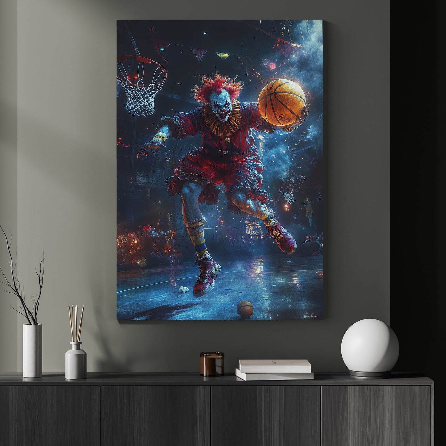 Clown Plays Basketball, Basketball Canvas Painting, Spooky Season Wall Art Decor, Halloween Poster Gift For Basketball Lovers