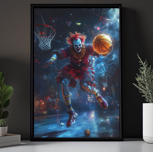 Clown Plays Basketball, Basketball Canvas Painting, Spooky Season Wall Art Decor, Halloween Poster Gift For Basketball Lovers