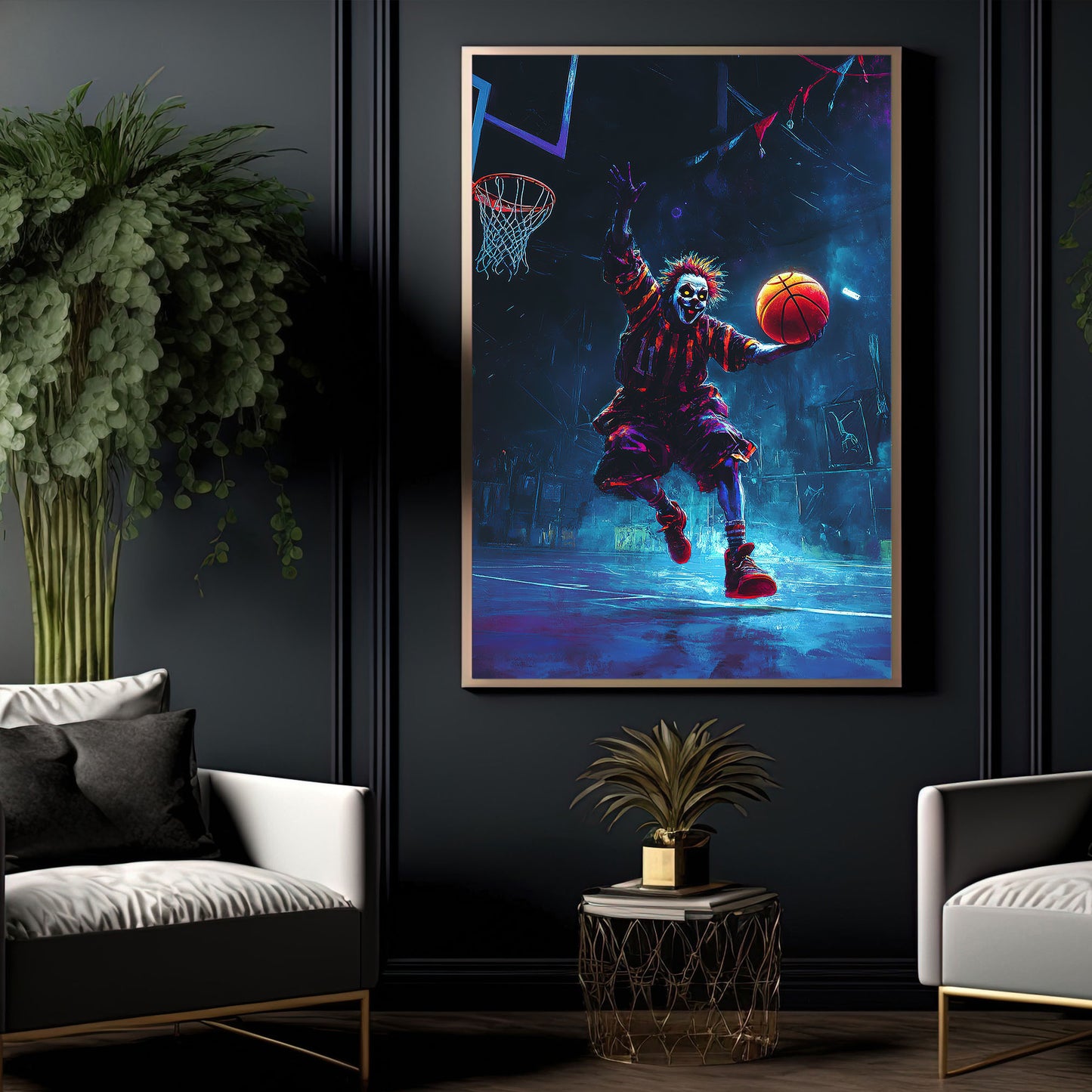 Clown’s Jump Shot, Basketball Canvas Painting, Spooky Season Wall Art Decor, Halloween Poster Gift For Basketball Lovers