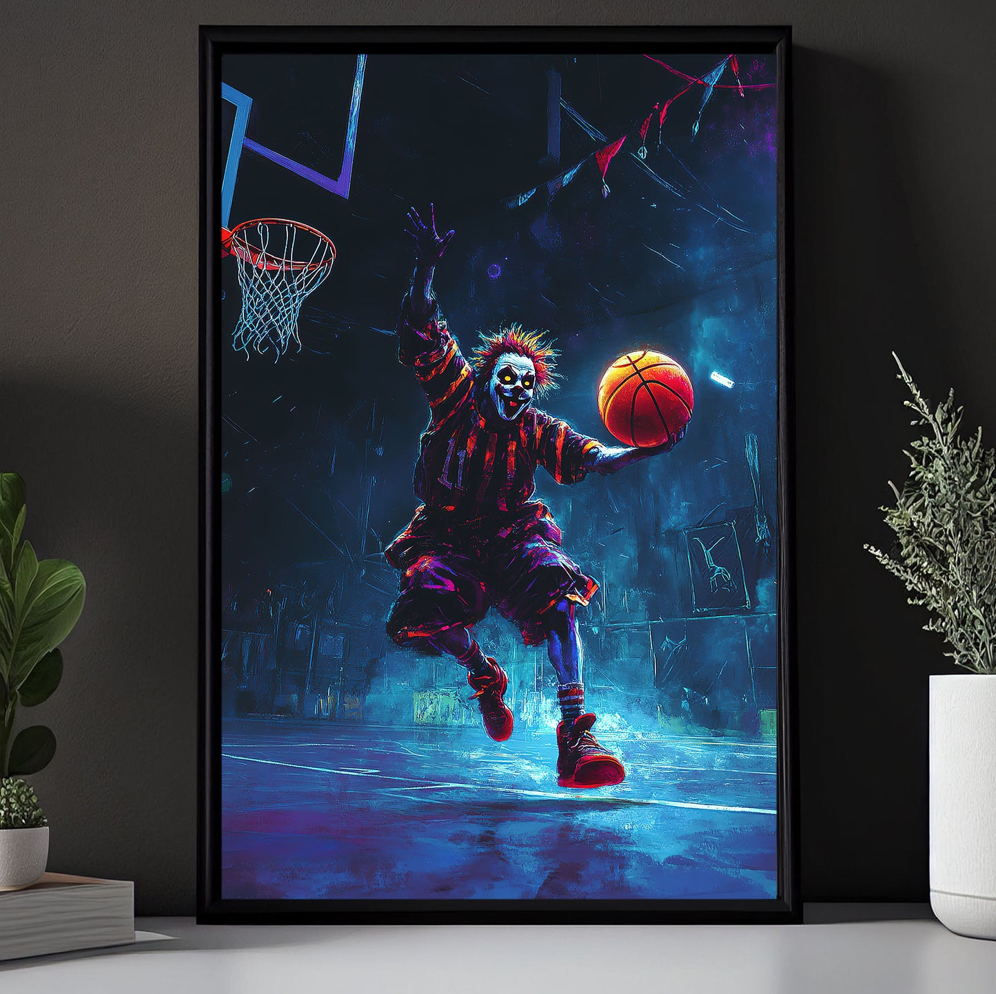 Clown’s Jump Shot, Basketball Canvas Painting, Spooky Season Wall Art Decor, Halloween Poster Gift For Basketball Lovers