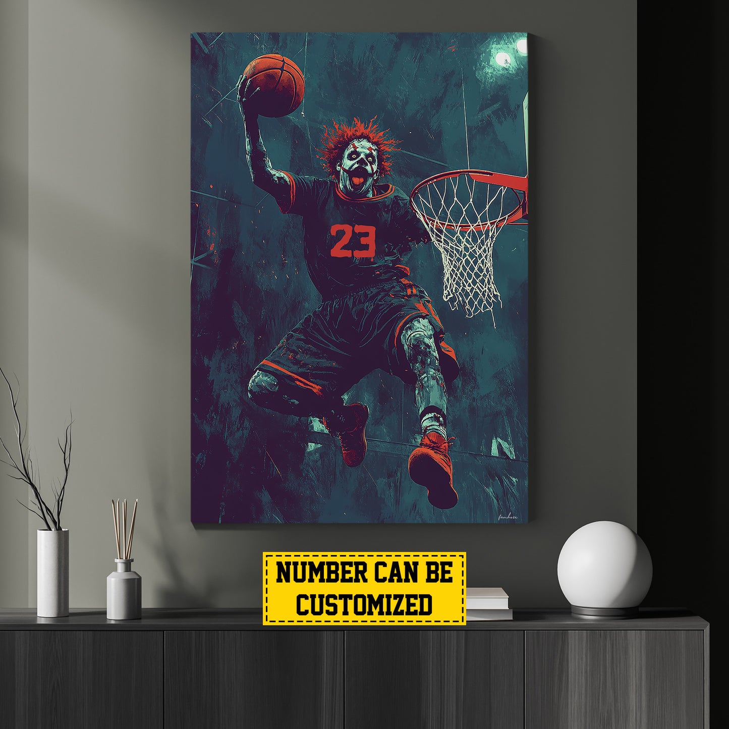 Terrifying Clown Slam Dunk, Basketball Canvas Painting, Spooky Season Wall Art Decor, Halloween Poster Gift For Basketball Lovers