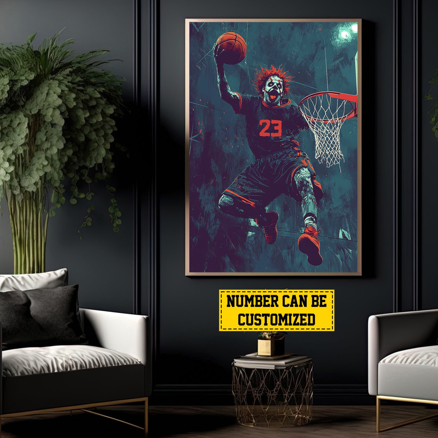 Terrifying Clown Slam Dunk, Basketball Canvas Painting, Spooky Season Wall Art Decor, Halloween Poster Gift For Basketball Lovers