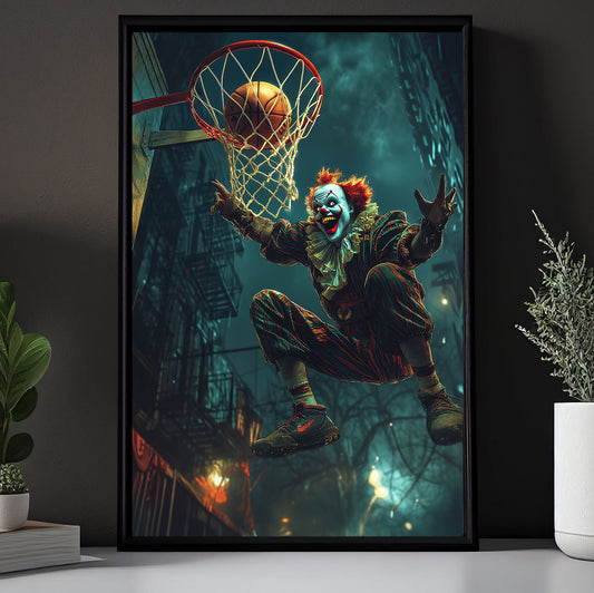 Clown’s Court Steal, Basketball Canvas Painting, Spooky Season Wall Art Decor, Halloween Poster Gift For Basketball Lovers