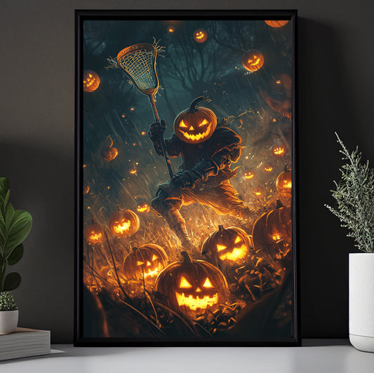 Pumpkin Patch Play, Lacrosse Canvas Painting, Spooky Season Wall Art Decor, Halloween Poster Gift For Lacrosse Lovers