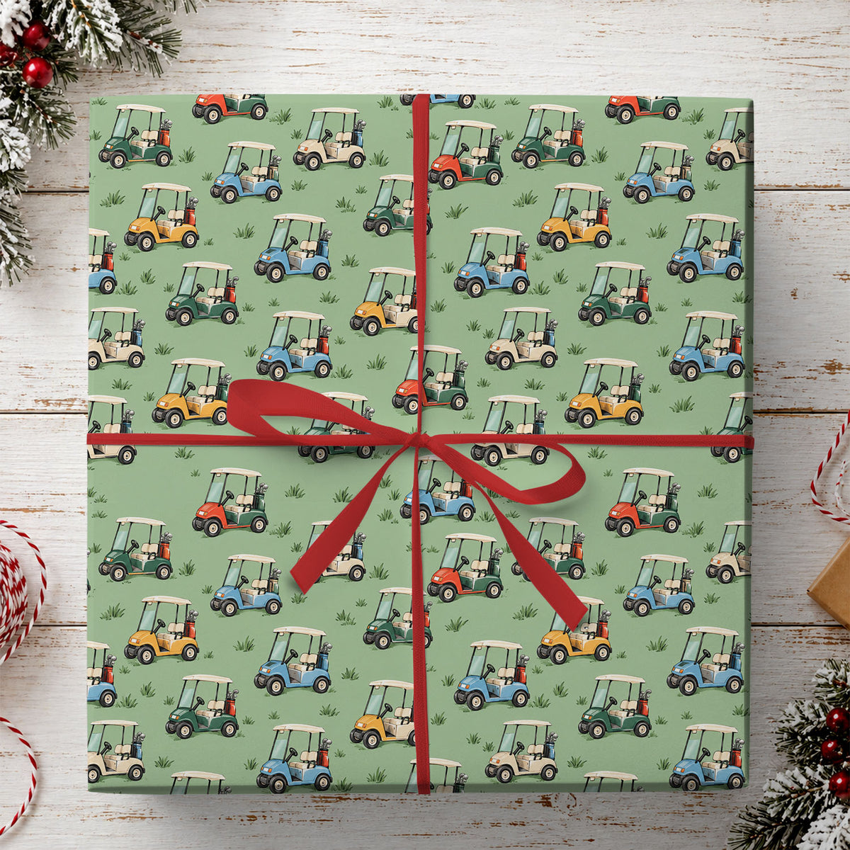 Golf Cart Christmas Wrapping Paper, Sage Green Golf Theme Birthday Wrapping Paper Rolls, Xmas Gift Wrap For Golf Lover