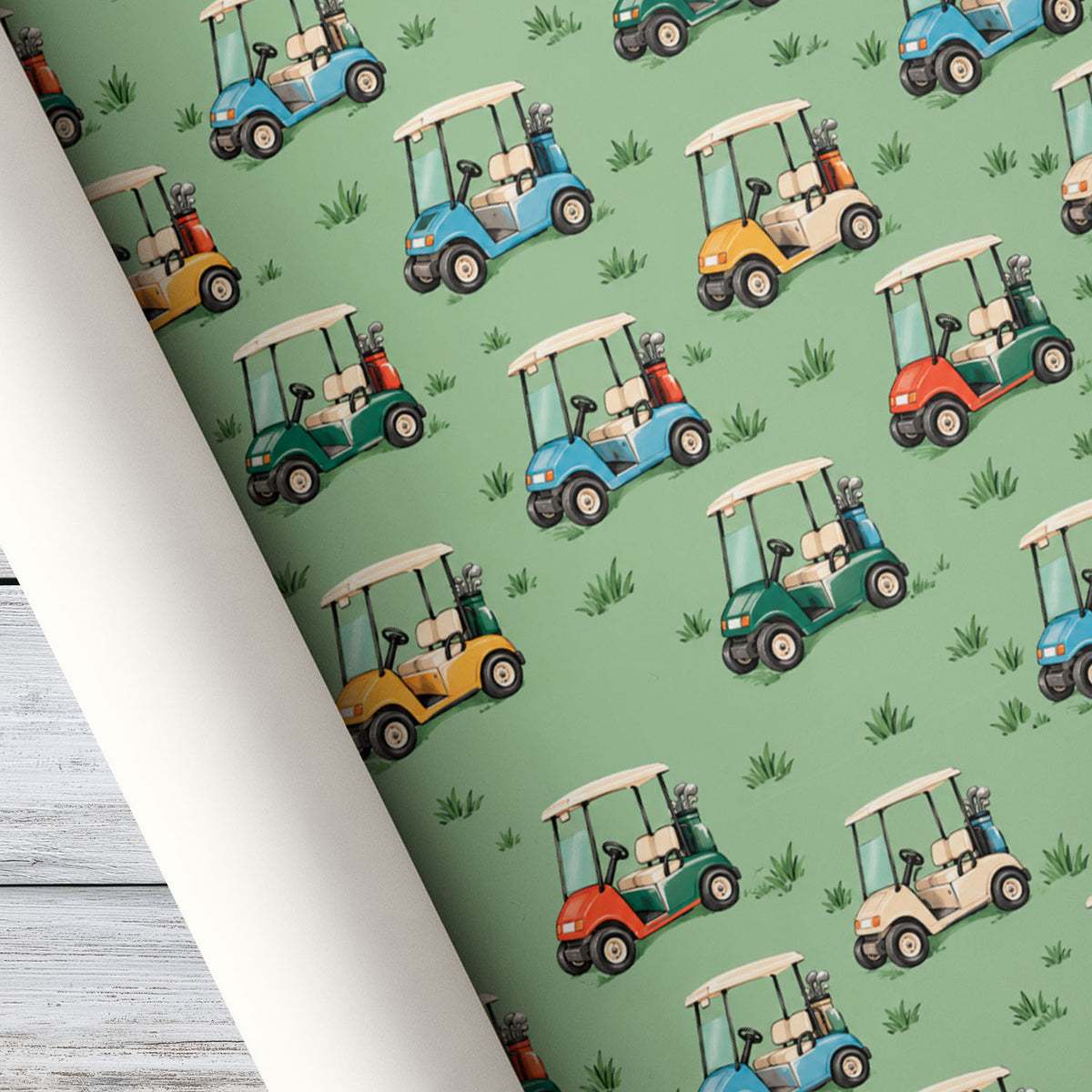 Golf Cart Christmas Wrapping Paper, Sage Green Golf Theme Birthday Wrapping Paper Rolls, Xmas Gift Wrap For Golf Lover