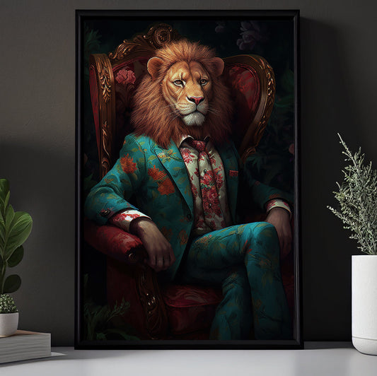 Gentleman Lion in Floral Suit Portrait, Victorian Lion Canvas Painting, Victorian Animal Wall Art Decor - Lion Poster Gift