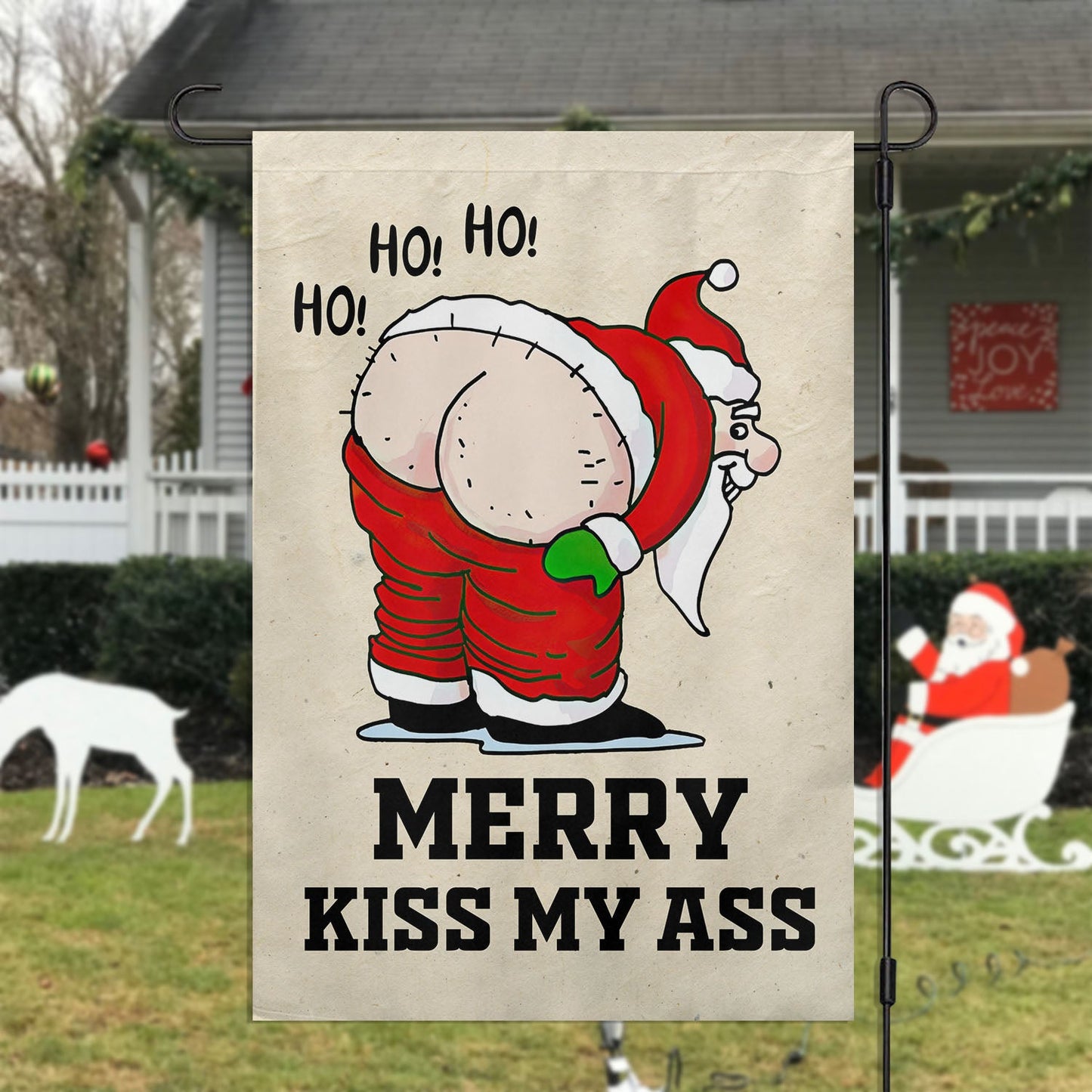 Funny Merry Kiss My Ass, Santa Claus Xmas Garden Flag & House Flag, Christmas Flag Gift For Santa Claus Lovers