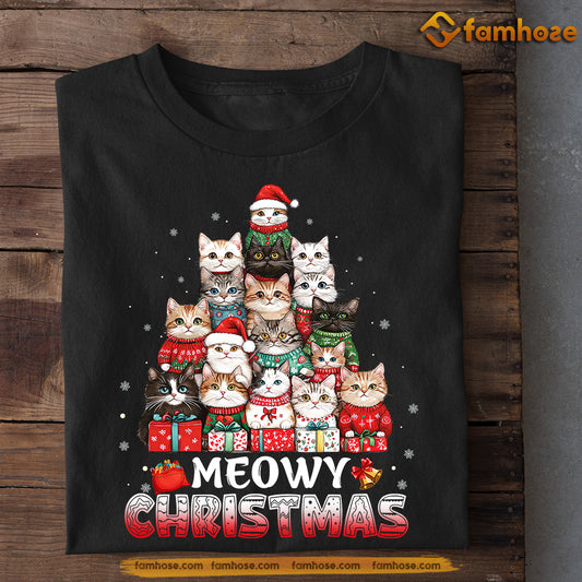 Cute Christmas Cat T-shirt, Meowy Christmas, Xmas Gift For Cat Lovers, Cat Owners Tee