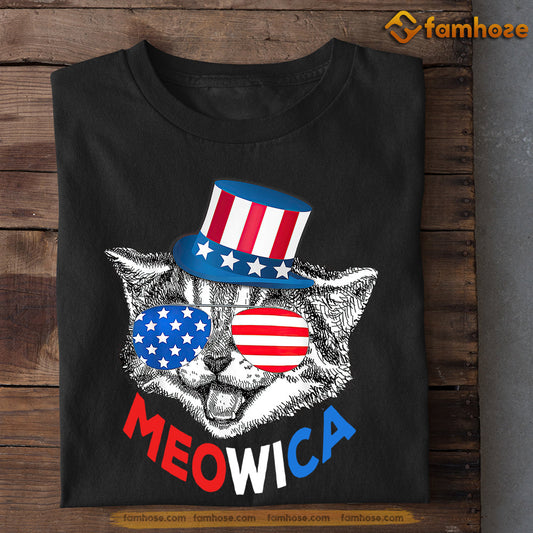 July 4th Cat T-shirt, Meowica With Hat, Independence Day Gift For Cat Lovers, Cat Owners, Cat Tees