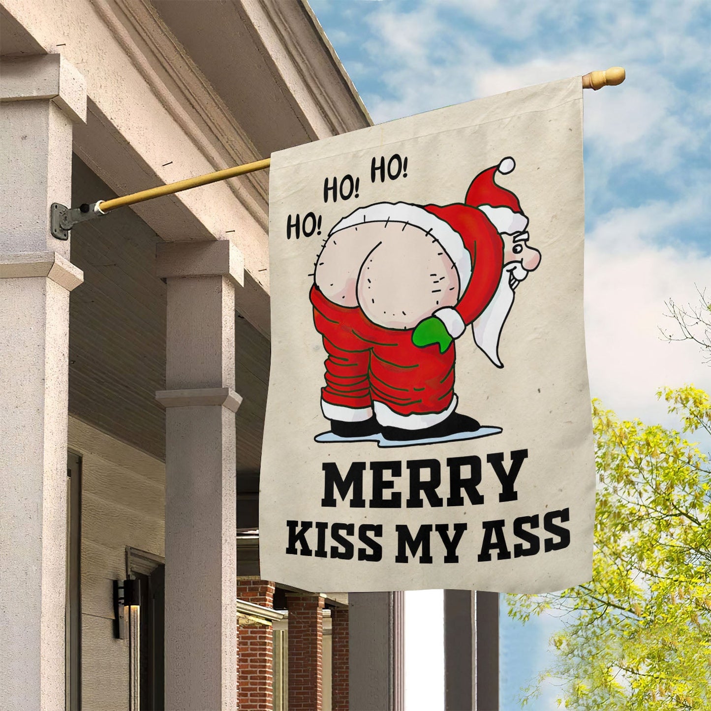 Funny Merry Kiss My Ass, Santa Claus Xmas Garden Flag & House Flag, Christmas Flag Gift For Santa Claus Lovers